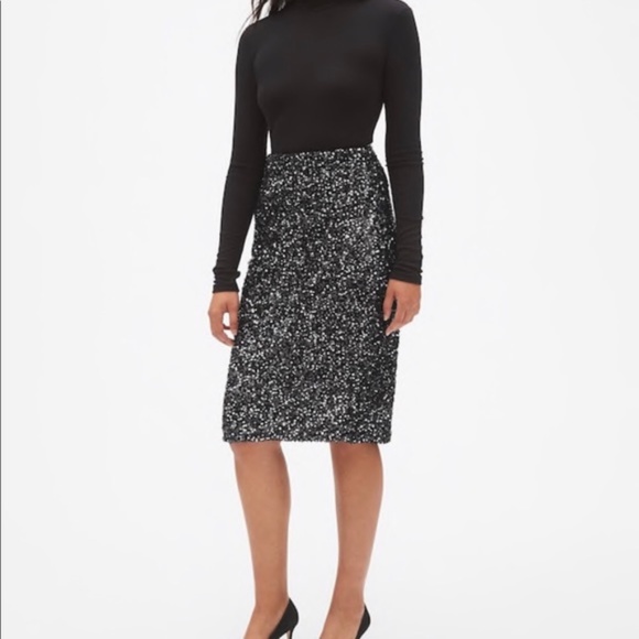 GAP BLACK SEQUIN PENCIL PULL ON SKIRT DARK NIGHT ELASTIC WAISTBAND XL NEW - Picture 2 of 10